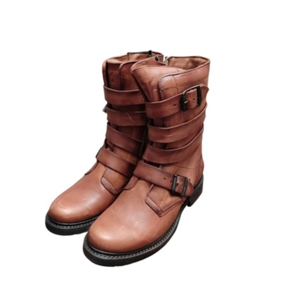 Frye Veronica Tanker Boots Women's 7M Cognac Moto Combat Leather Strappy Belted - Picture 1 of 12